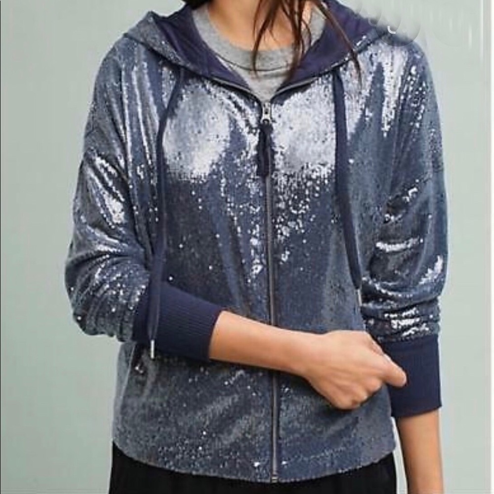 Anthropologie Postmark Sequin Hoodie Small Blue